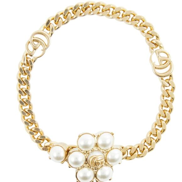 Gucci Double G Pearl GG Chain Statement Authentic Bracelet Flower Small Gold - Picture 1 of 9